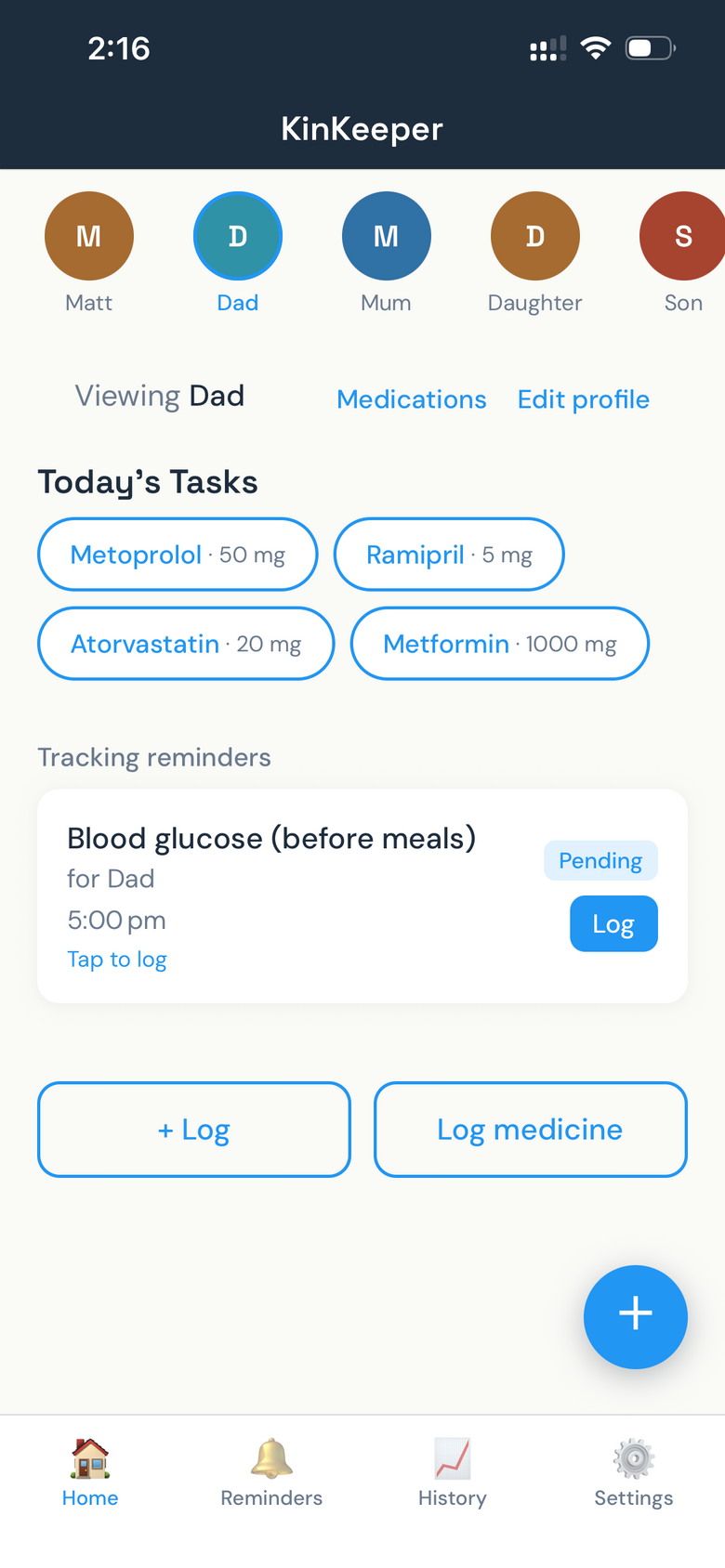 KinKeeper home screen showing Dad’s today’s medication tasks and a pending blood glucose reminder