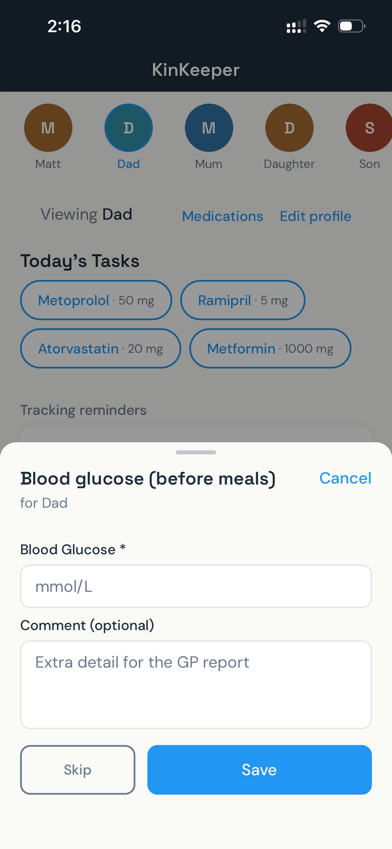 KinKeeper log sheet open to record blood glucose for Dad with an optional comment for the GP report